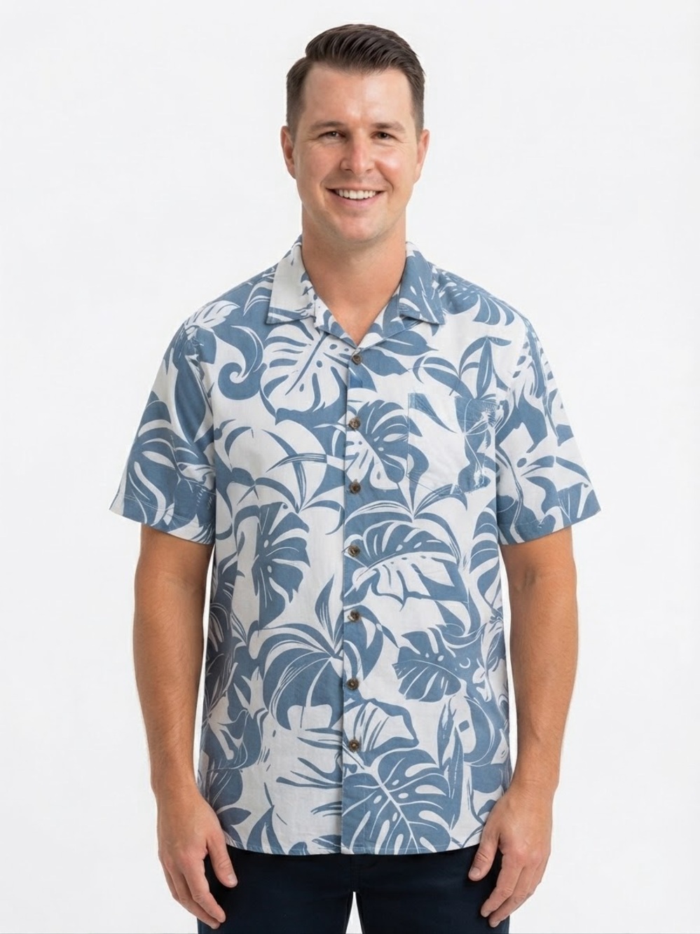 Kalaheo Made in Hawaii Blue White Tropical Monstera Leaf Aloha Shirt Men’s 2XL